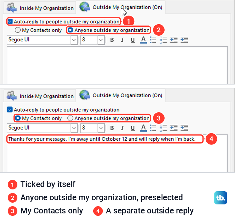Two views of the Outside My Organization tab, first with outside replies on for anyone, then set to My Contacts only.