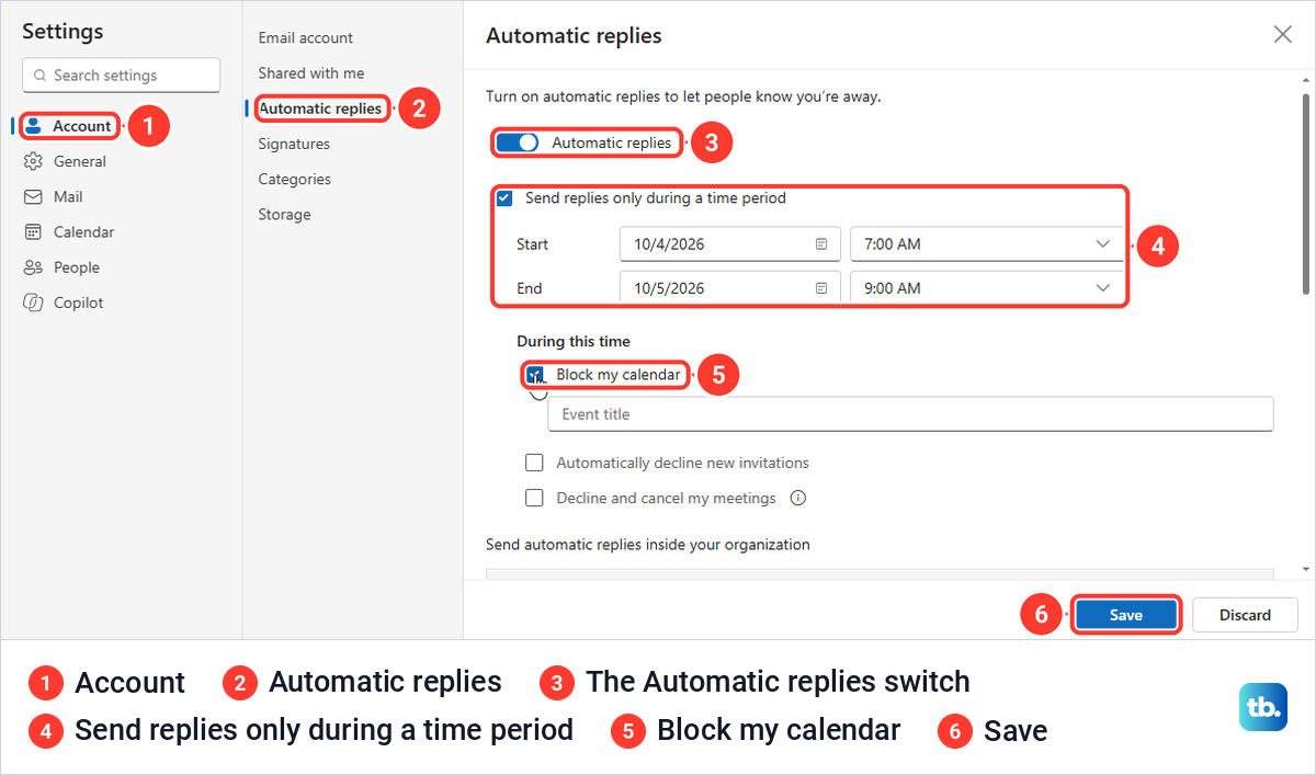 Outlook on the web Settings open on Account and Automatic replies with the switch on and a time period set.