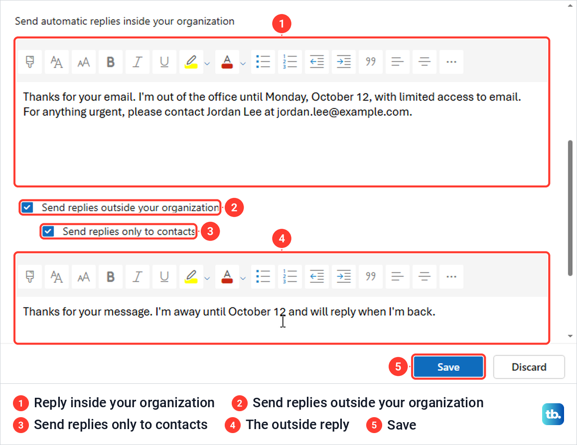 Outlook on the web automatic replies page with an inside reply, the outside options and a second reply box.