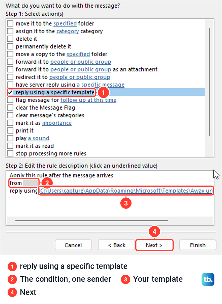 Rules Wizard actions page with reply using a specific template ticked and the template path in the description.