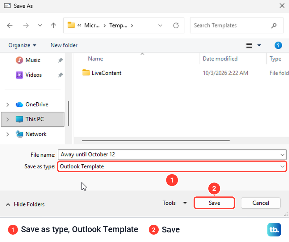Save As dialog in classic Outlook with the out of office message being saved as an Outlook Template.