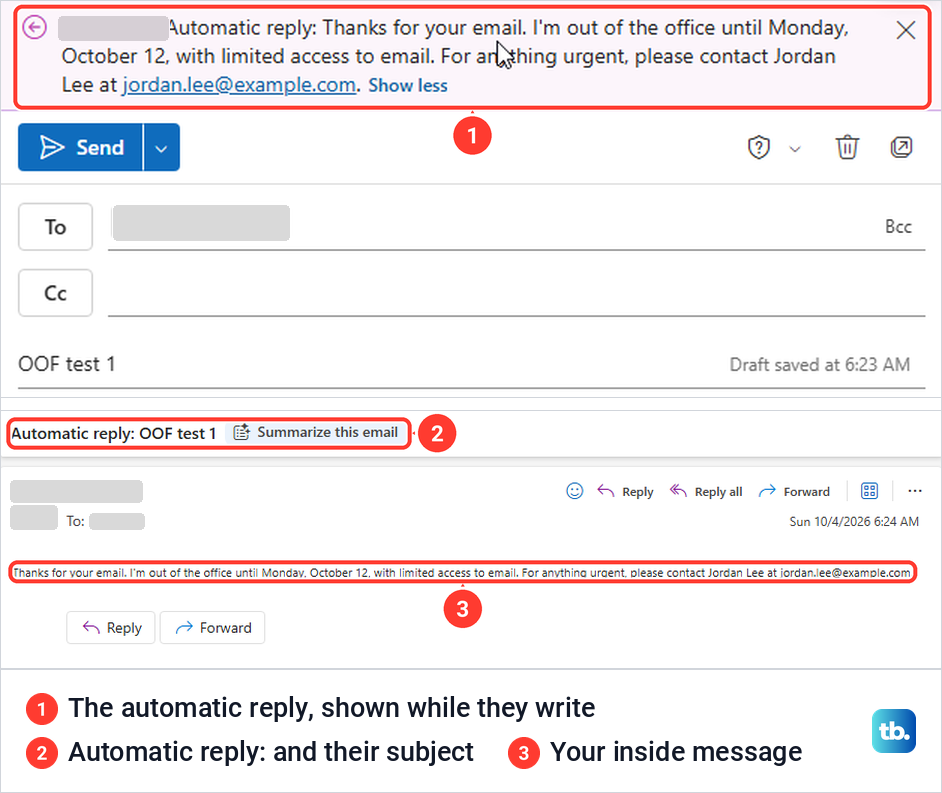 A new message in Outlook on the web showing the automatic reply as a note, above the reply that arrived later.