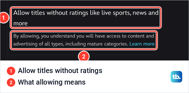 Disney Plus profile setting Allow titles without ratings like live sports, news and more, with its description.