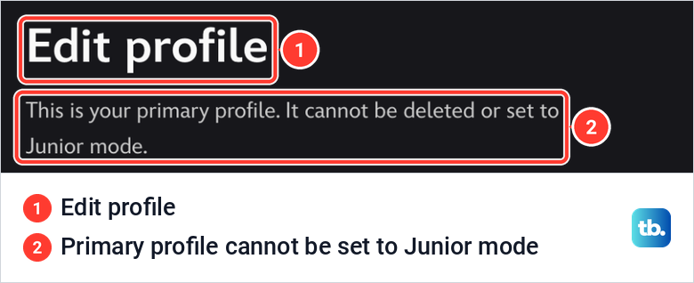 Disney Plus Edit profile page saying the primary profile cannot be deleted or set to Junior mode.