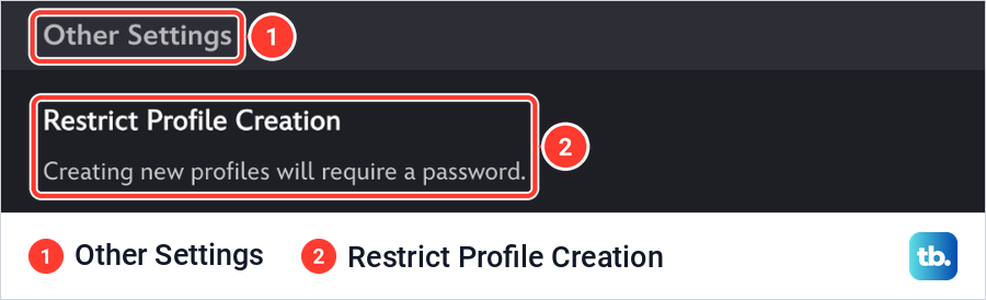 Disney Plus Account page Other Settings card with the Restrict Profile Creation setting marked.