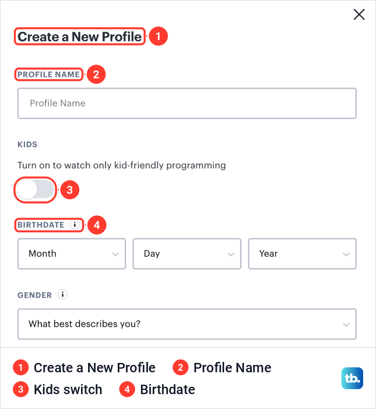 Hulu Create a New Profile form with Profile Name, the Kids switch and Birthdate marked.