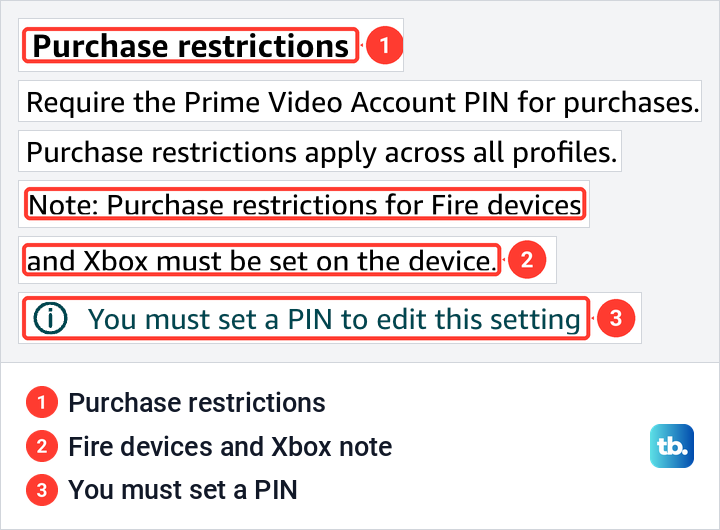 Prime Video Purchase restrictions section with the Fire devices and Xbox note and the PIN message.