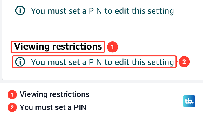 Prime Video Viewing restrictions section showing only the message that a PIN must be set first.