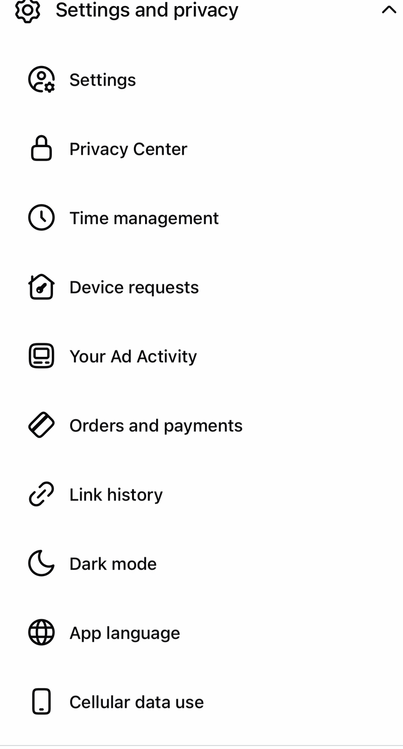 Facebook menu on iPhone with Settings & privacy expanded to Settings, Privacy Center and Time management