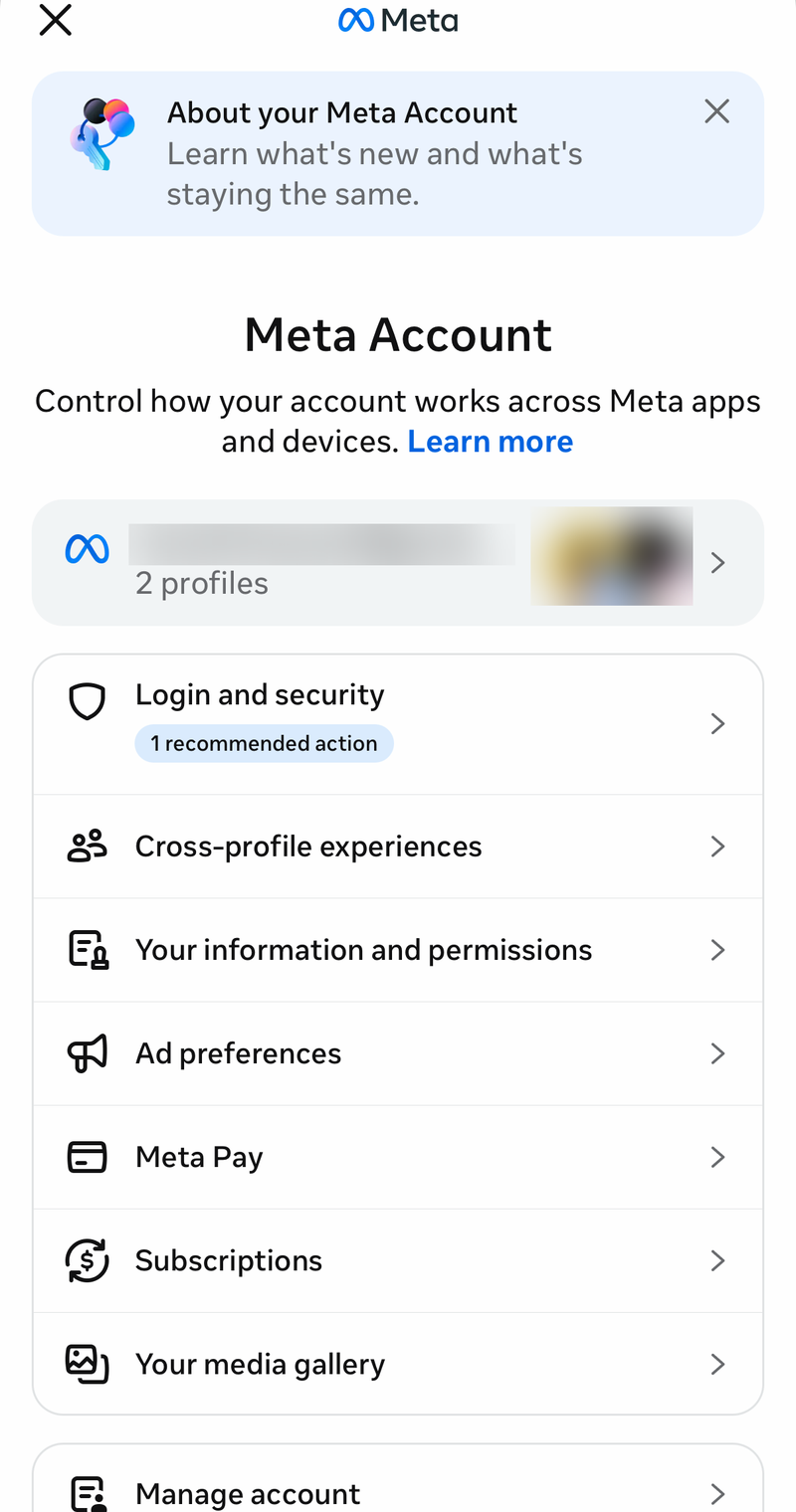 Facebook Meta Account hub with Your information and permissions, email blurred