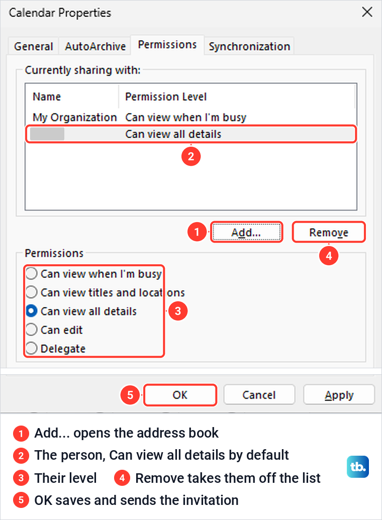 The classic Outlook Calendar Properties dialog on the Permissions tab with a person added at Can view all details.