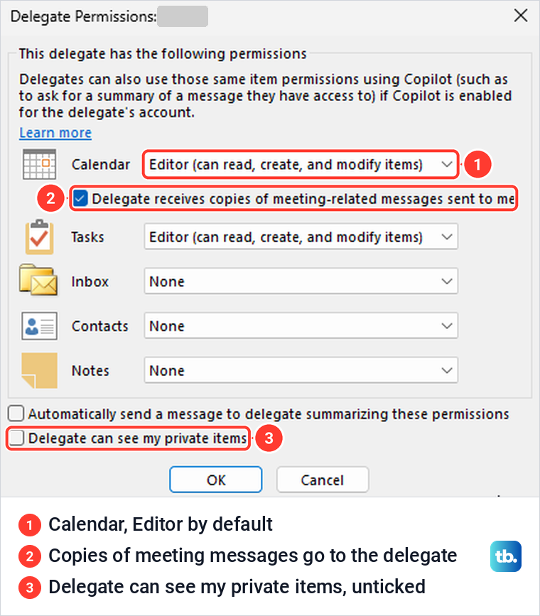 Classic Outlook Delegate Permissions window with Editor on the Calendar and the private items box unticked.