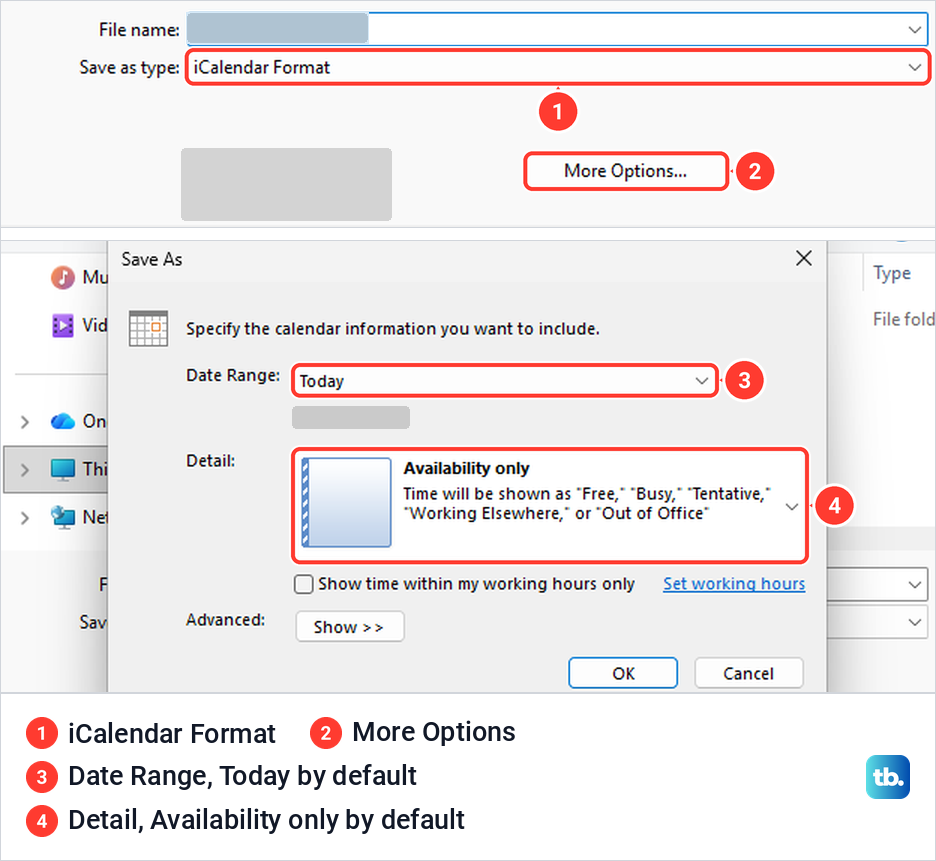 Classic Outlook saving a calendar in iCalendar Format, with the Date Range and Detail options below.