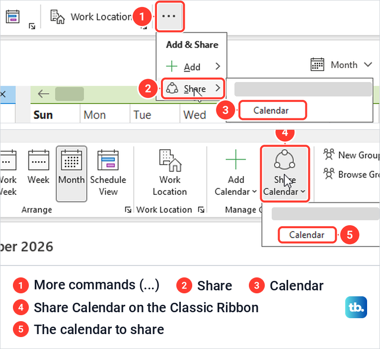 Classic Outlook's More commands menu with Add and Share, Share and Calendar, above the Share Calendar button on the Classic Ribbon.
