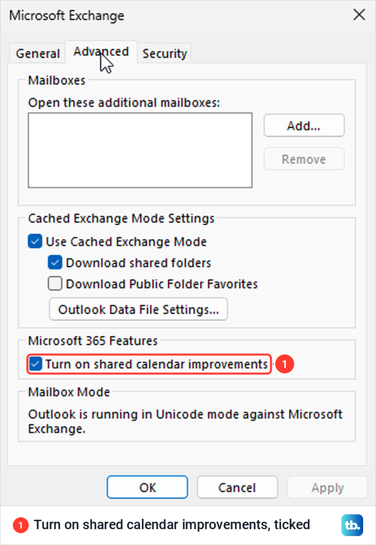 The Advanced tab of classic Outlook's Microsoft Exchange settings with Turn on shared calendar improvements ticked.