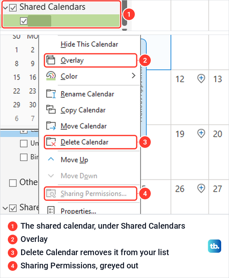 Classic Outlook folder pane with a calendar under Shared Calendars and its right-click menu open.