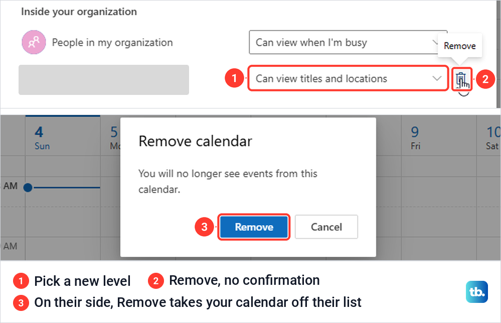 Outlook on the web sharing list with the Remove bin next to a person, above a Remove calendar prompt.