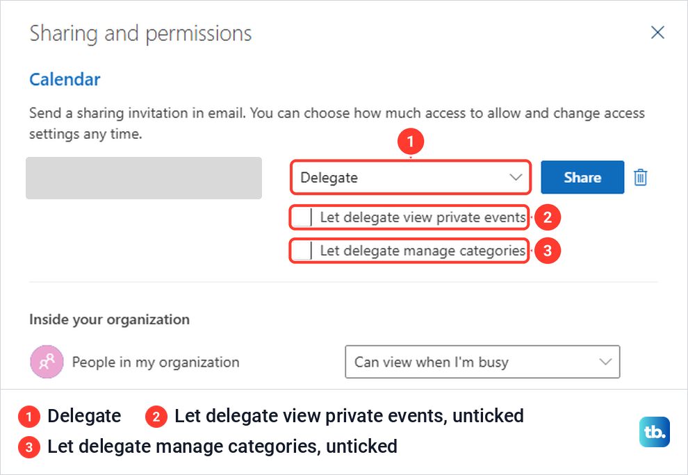 Outlook on the web sharing window with Delegate chosen and two unticked delegate boxes below it.