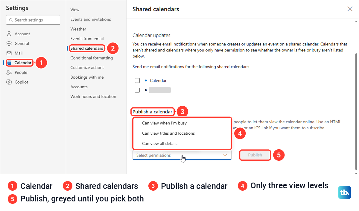 Outlook on the web settings on the Shared calendars page with the Publish a calendar permissions list open.
