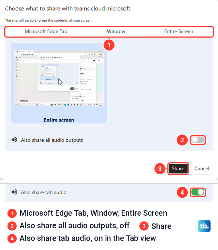 Microsoft Edge share picker with Tab, Window and Entire Screen views and its audio switches.