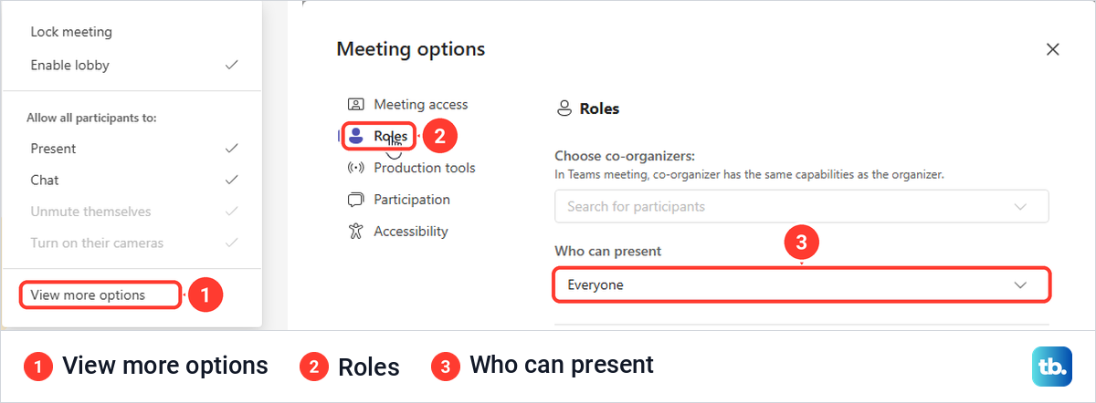 Teams meeting Controls menu with View more options, beside Meeting options Roles and Who can present.