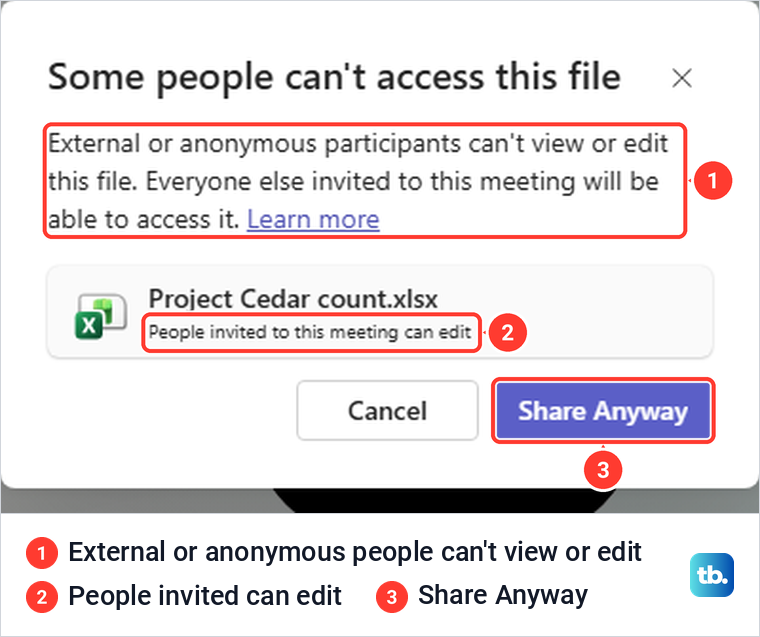 Teams warning that some people cannot access the workbook, with Cancel and Share Anyway buttons.