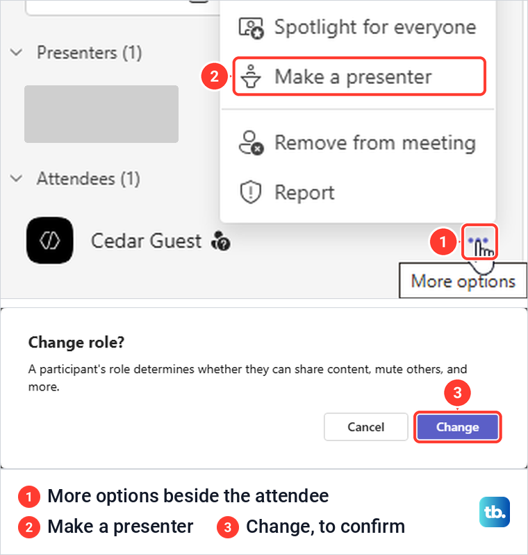 Teams People list with More options and Make a presenter, above the Change role confirmation.