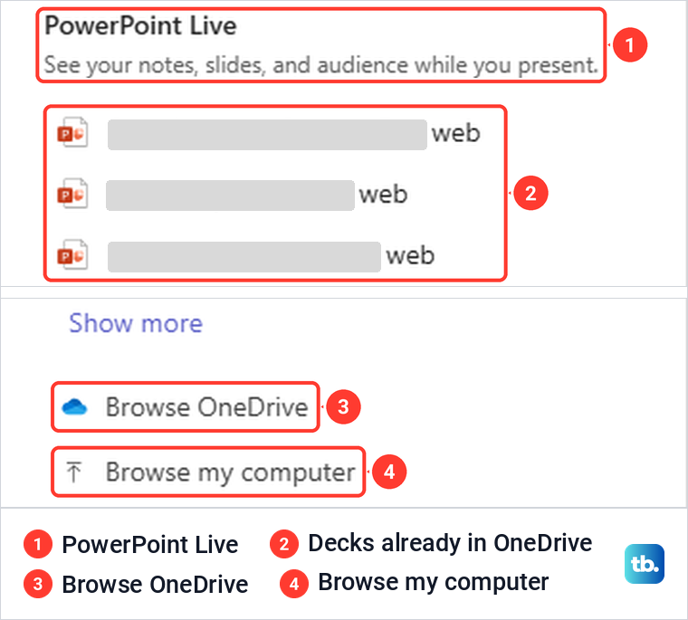 The PowerPoint Live list in the Teams Share panel and the Browse OneDrive and Browse my computer links.
