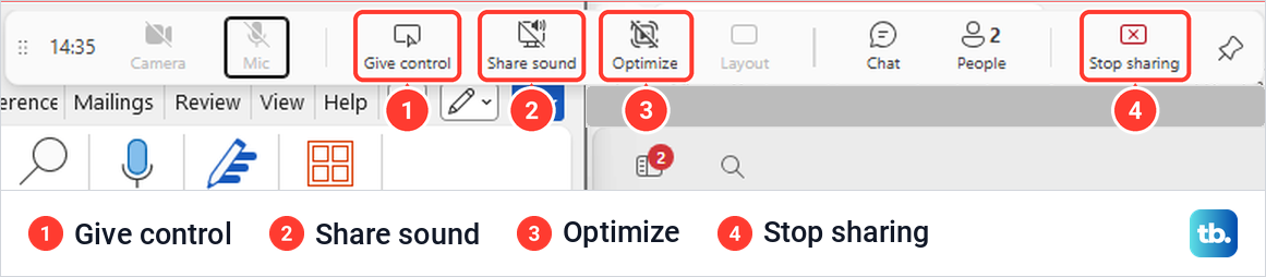 The Teams presenter toolbar with Give control, Share sound, Optimize and Stop sharing buttons.