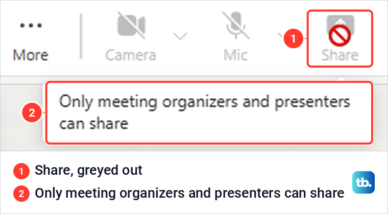 A greyed out Teams Share button with the tooltip Only meeting organizers and presenters can share.