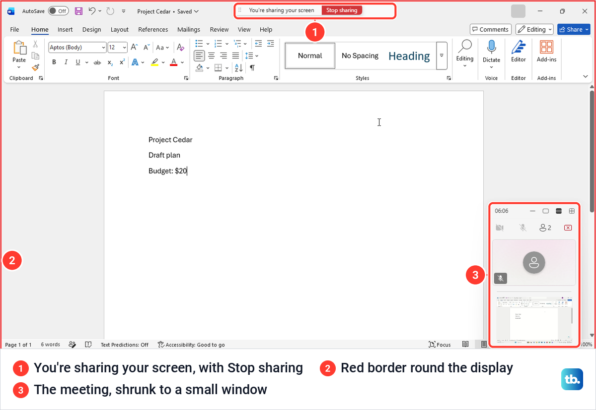Word on a screen shared from Teams, with a red border, a sharing bar and the meeting in a small window.