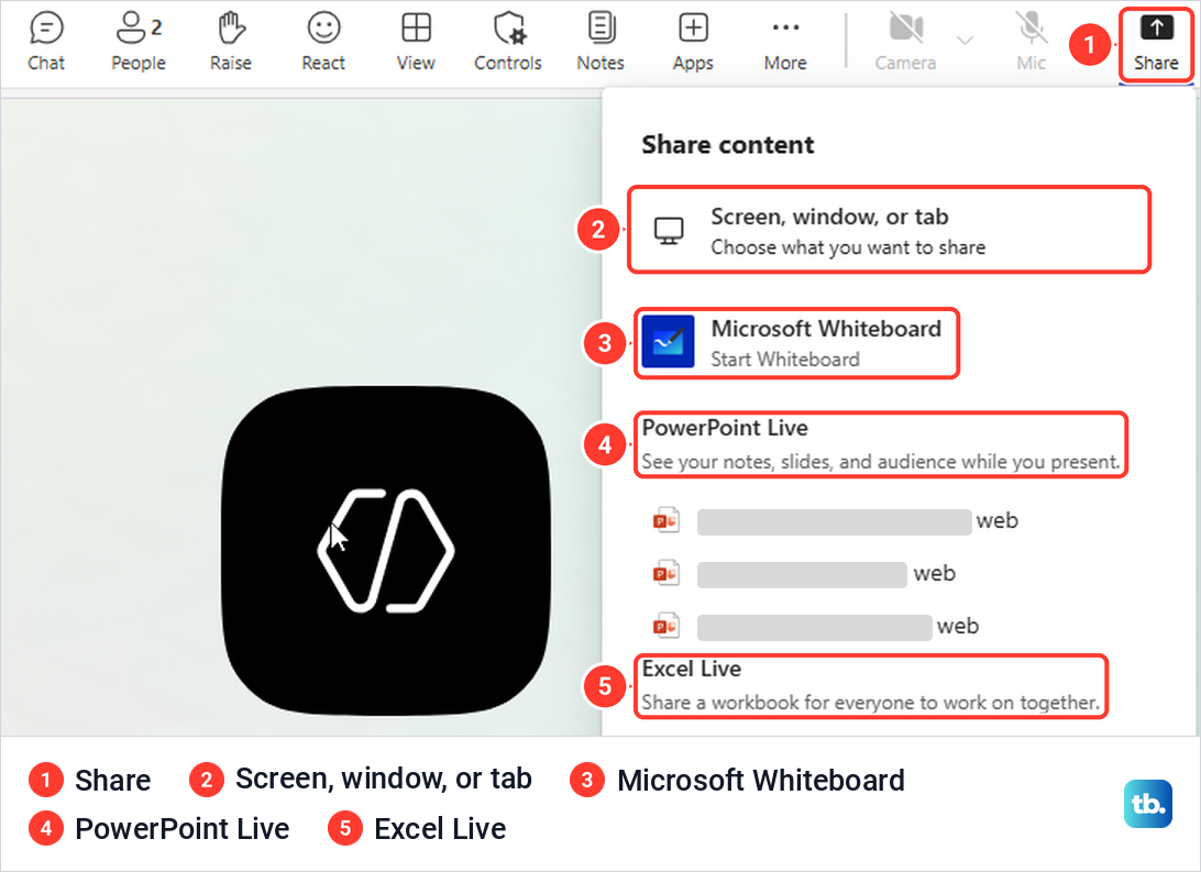 Teams for the web Share content panel with Screen, window, or tab, Whiteboard, PowerPoint Live and Excel Live.