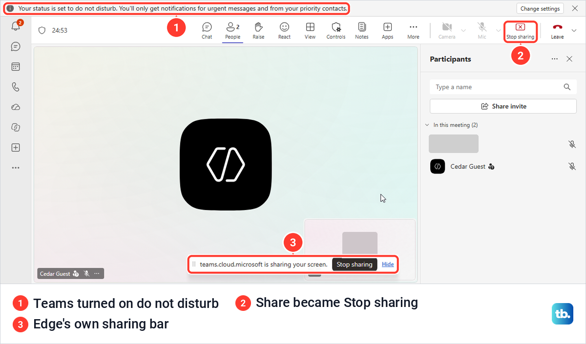 Teams for the web while sharing, with a do not disturb notice, Stop sharing and Edge's sharing bar.