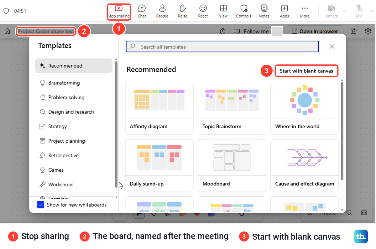 Microsoft Whiteboard in a Teams meeting with the Templates window and Start with blank canvas.