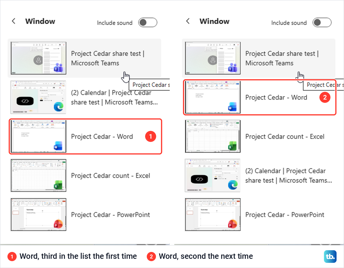 Two views of the Teams Window list showing the Word window in a different position each time.