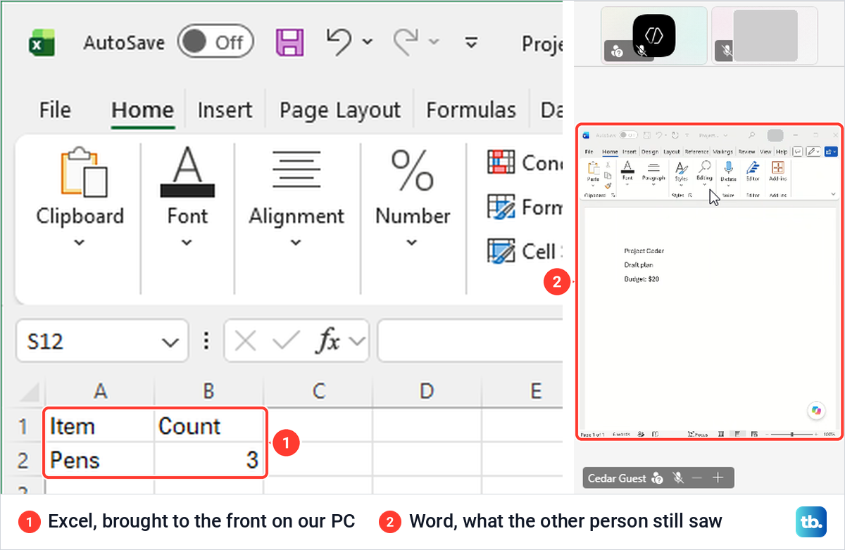 Excel in front on the presenter's PC beside the meeting view where the other person still sees Word.
