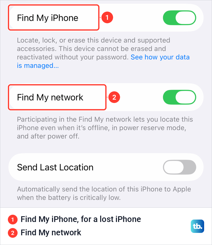 The Find My iPhone settings page with the Find My iPhone and Find My network switches turned on.