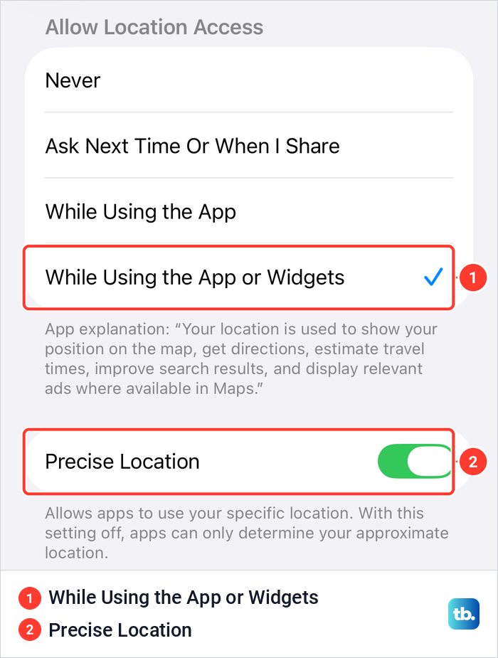 The Maps location access settings with While Using the App or Widgets ticked and Precise Location on.