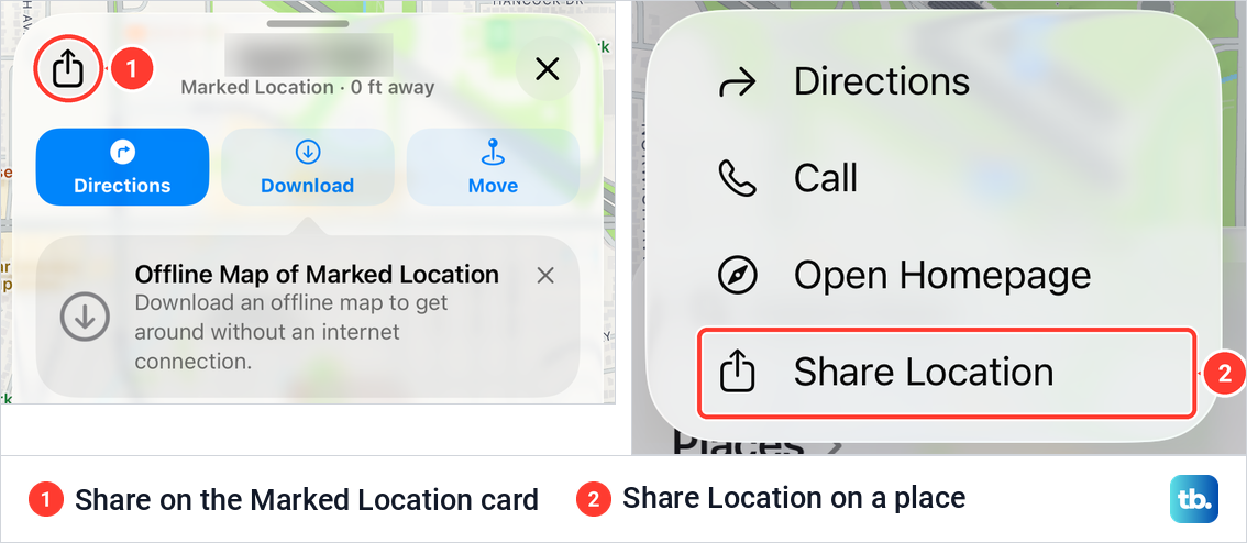 Two Maps screens showing the Share button on a Marked Location card and Share Location on a place.