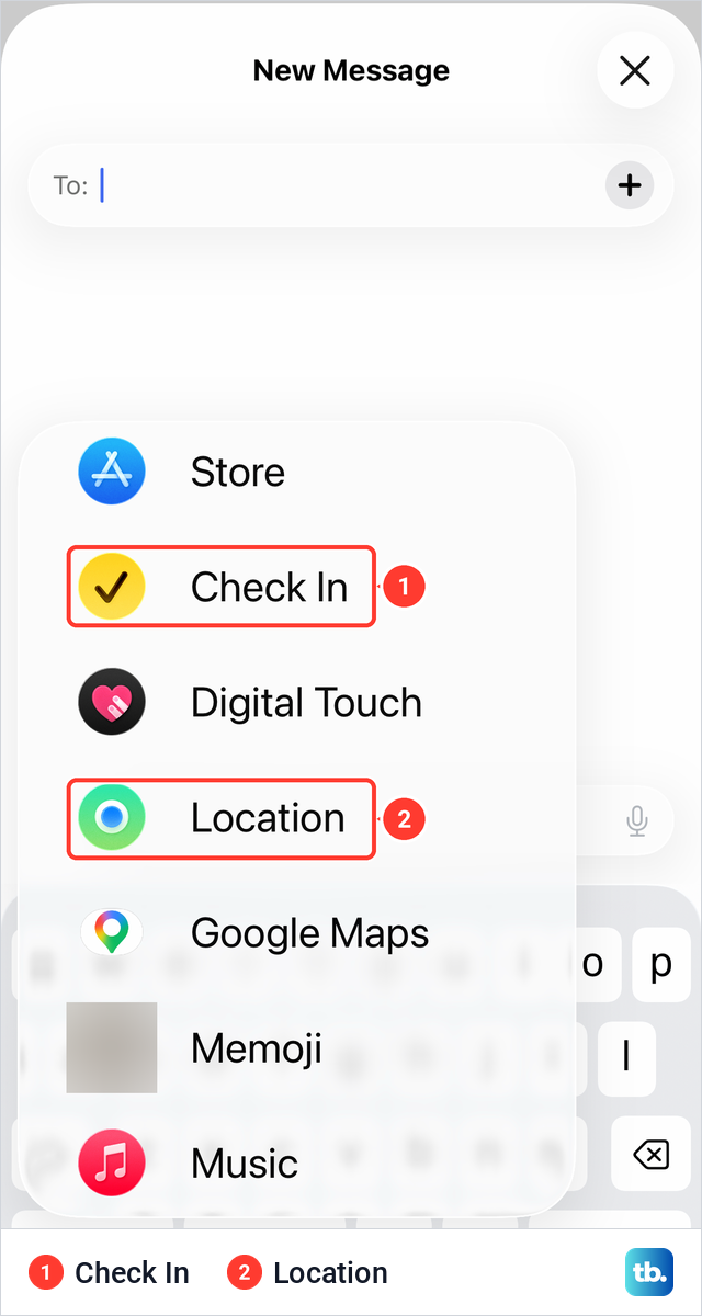 The Messages plus menu on an iPhone listing Check In and Location among the apps.