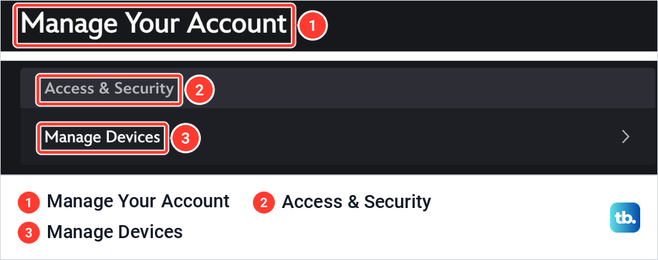 Disney Plus Manage Your Account page with the Access and Security card and its Manage Devices row marked.