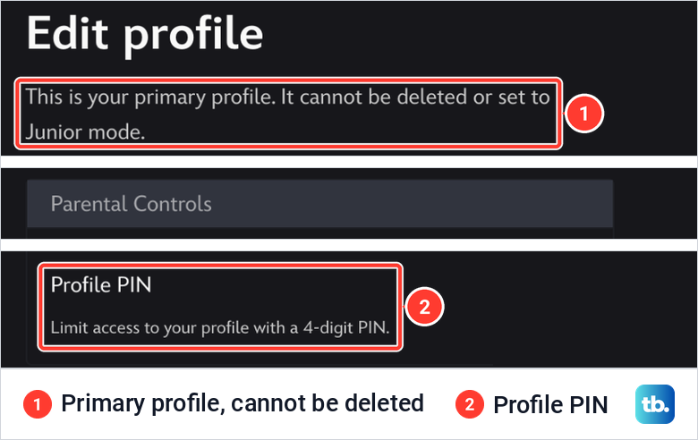 Disney Plus Edit profile page with the primary profile notice and the Profile PIN row under Parental Controls.