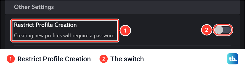 Disney Plus Other Settings card with the Restrict Profile Creation setting and its switch marked.