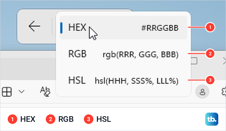 Color picker format menu offering HEX, RGB and HSL values