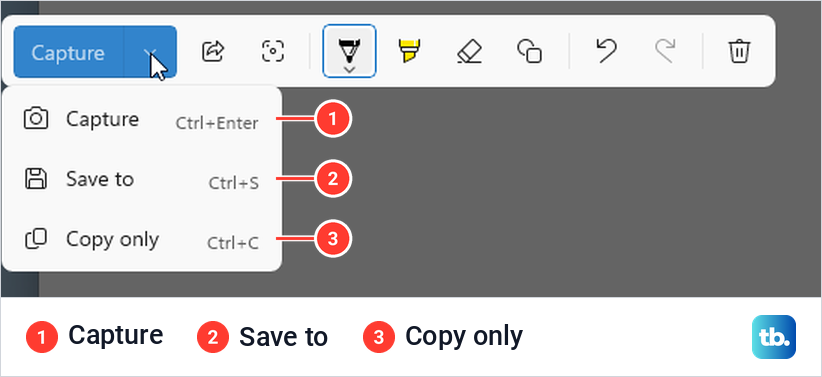 Quick markup toolbar with the Capture dropdown menu open