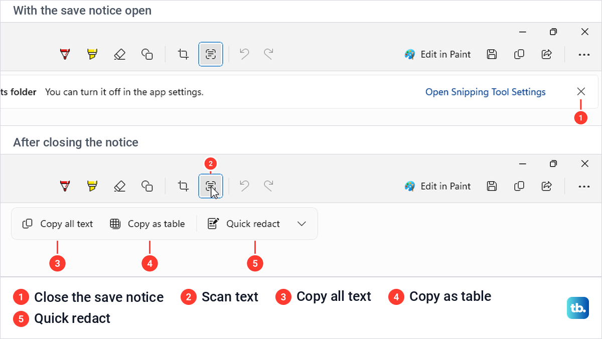 Before and after: the automatic-save notice covering the Scan text row, then the Copy all text, Copy as table and Quick redact buttons after closing it