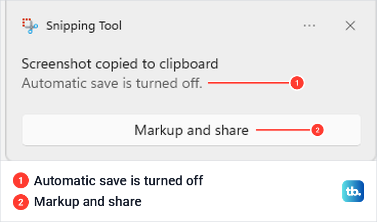 Snipping Tool notification confirming clipboard copy with automatic saving disabled