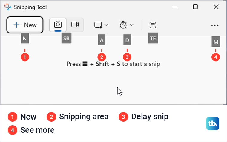 Snipping Tool window showing letter hints after pressing Alt
