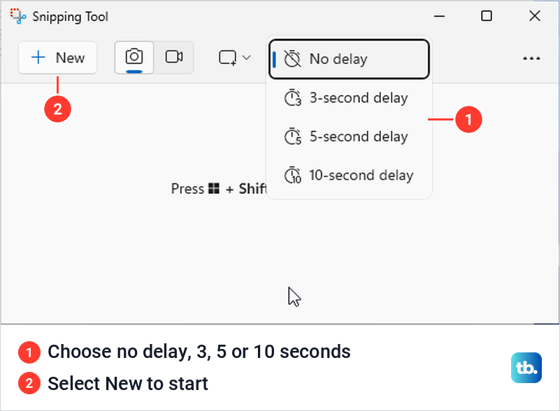 Snipping Tool delay menu with no delay, three, five and ten second choices