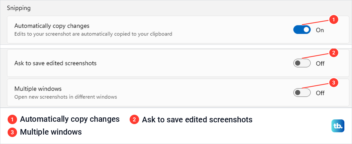 Snipping Tool switches for copying edits, asking to save and multiple windows